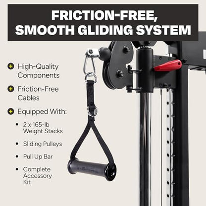 FT1 Functional Trainer with Bench - Compact at Home Workout Machine with Accessories - Two 165 lb Weight Stacks - Smooth Glide Cable Machine with Weight Bench - style: Inspire FT1 (fully loaded)