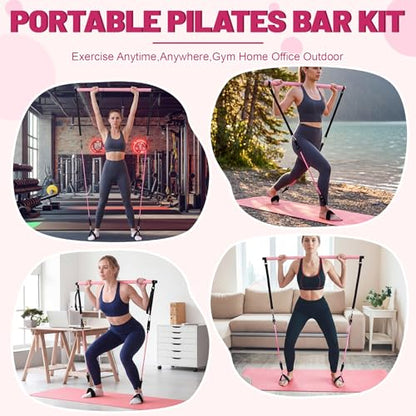 Pilates Bar Kit with Resistance Bands and Yoga Mat, Adjustable Metal Bar Portable Home Fitness Set for Women Full Body Workouts, Core, Strength, Stretching and Pilates Training