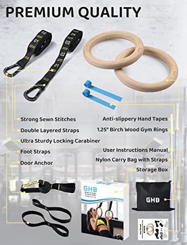 GHB Gymnastic Rings Wooden Gym Rings 1.25" 2 Pack Buckle and Carabiner Numbered Straps
