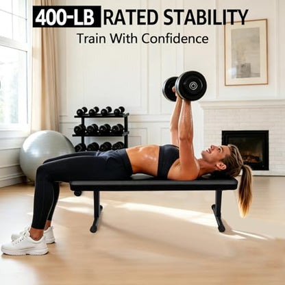 Gym Quality Foldable Flat Bench for Multi-Purpose Weight Training and Ab Exercises, Strength Training, Stable Assembly, Black