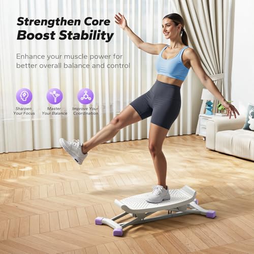 MERACH Balance Board for Adults, Rocking Stepper with Resistance Bands, Portable Wobble Board Featuring LCD Monitor, 300 lbs Capacity Ski Balance Trainer for Full Body Workout at Home Gym（Purple）