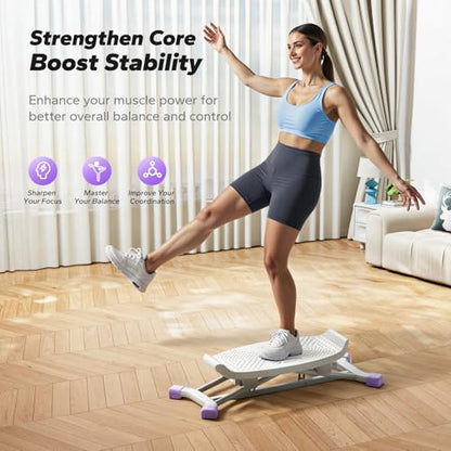 MERACH Balance Board for Adults, Rocking Stepper with Resistance Bands, Portable Wobble Board Featuring LCD Monitor, 300 lbs Capacity Ski Balance Trainer for Full Body Workout at Home Gym（Purple）