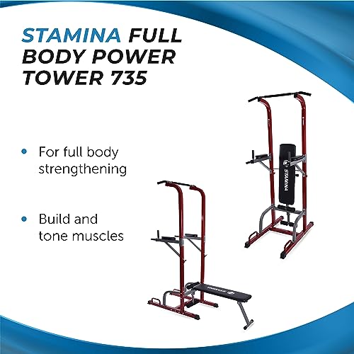 Stamina Full Body Power Tower 735 - Dip Bar with Built-in Bench and Rack - Pull Up Bar Station with Smart Workout App - Dip Bars for Home Workout - Up to 300 lbs Weight Capacity | Dip Bar with Built-in Bench and Rack; Pull Up Bar Station with Smart Workou