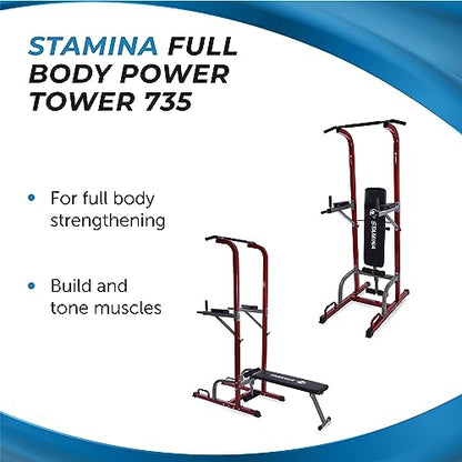 Stamina Full Body Power Tower 735 - Dip Bar with Built-in Bench and Rack - Pull Up Bar Station with Smart Workout App - Dip Bars for Home Workout - Up to 300 lbs Weight Capacity | Dip Bar with Built-in Bench and Rack; Pull Up Bar Station with Smart Workou