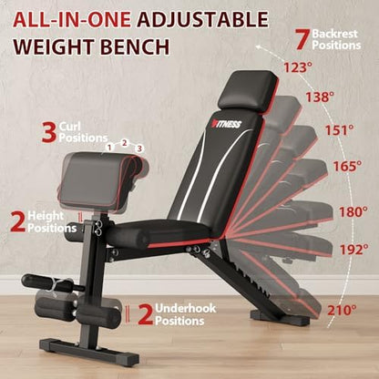 Foldable Weight Bench, Adjustable Workout Bench with Leg Extension, Preacher Pad, Extended Headrest, Space-saving Banco de Pesas for Home Gym, 800lbs Full Body Workouts Strength Training
