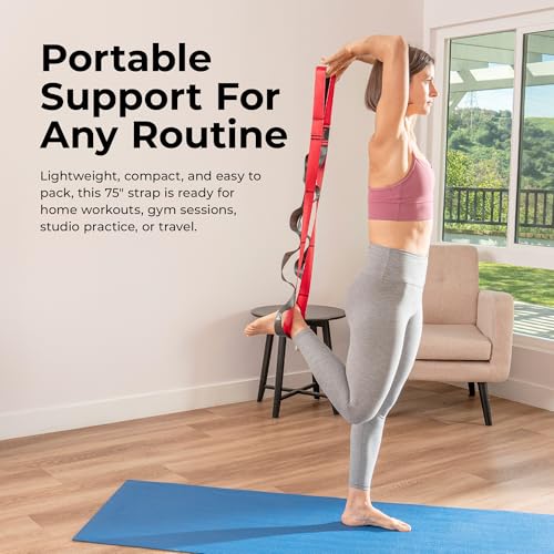 Sunny Health & Fitness Premium Yoga Stretch Strap with 8 Individual Grip Loops - 75" x 1.5" Durable Polyester Stretching Strap for Flexibility, Physical Therapy, Pilates, and Full Body Workouts