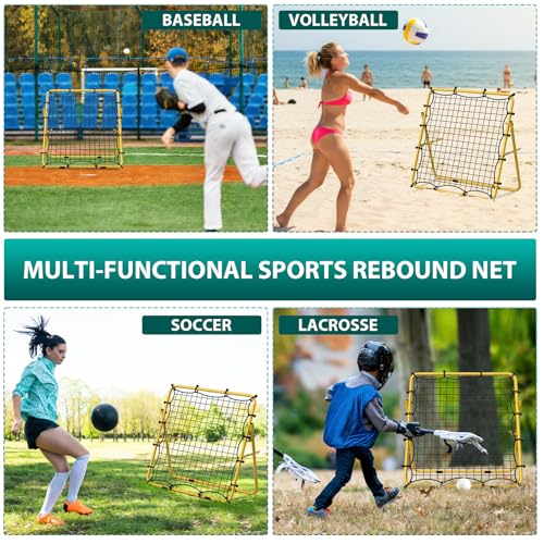 LIANTRAL Baseball Rebounder Net, Adjustable Bounce Back Trainer for Soccer, Volleyball, Softball, Portable Folding Rebounder for Passing & Shooting Practice, Volleyball Rebound Net for Kids, Yellow