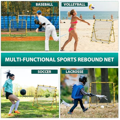 LIANTRAL Baseball Rebounder Net, Adjustable Bounce Back Trainer for Soccer, Volleyball, Softball, Portable Folding Rebounder for Passing & Shooting Practice, Volleyball Rebound Net for Kids, Yellow