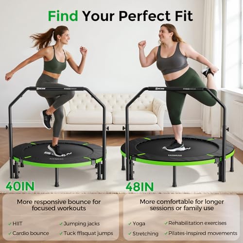BCAN SP3 40/48" Exercise Rebounder Trampoline for Adults, Handlebar, Indoor - color: 40IN-U-Handle-Green