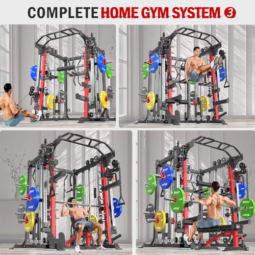 Smith Machine，Multi-Function Squat Rack Power Cage with Cable Crossover System,with Optional Weight Bench, Olympic Barbell Weight Set, for Home Gym