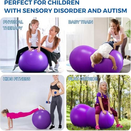 Peanut Yoga Ball, 90x45cm Anti Burst Exercise Ball, Heavy Duty Inflatable PVC Peanut Ball with Pump and Plug, kids/Adult Fitness, Pregnancy Support, Child Physical Therapy, Animal Balance Training - color: purple
