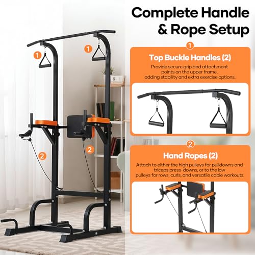 Power Tower Pull Up Bar,Pull Up Bar Station, 6-Level Adjustable Pull Up Dip Station for Home Gym, 450 Lbs Weight Capacity, Strength Training Fitness Workout Equipment with Power Elastic Ropes