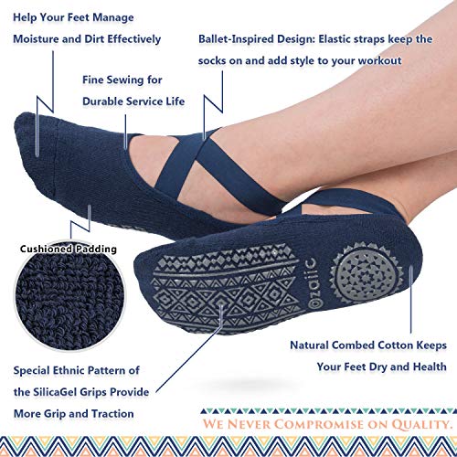 Ozaiic Pilates Socks for Women Non Slip Grip Yoga Barefoot Indoor Workout - color: 4 Pairs - Navy/D.gray/ D.green/D.purple