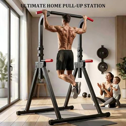Foldable Power Tower Pullup Bar Standing, Multi-Function Adjustable Height Pull Up Dip Station for Gym Workout, Strength Training Fitness Equipment, Triangular Design for Home Outdoor