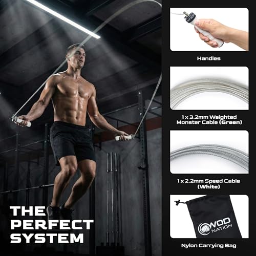 WOD Nation Attack Speed Jump Rope Adjustable Dual-Cable Skipping Rope for Men, Speed & Weighted Options, Fast Fold-Over Adjustment Durable Adult Boxing Rope for Fitness, Cardio Home Gym & Cross Training - color: White