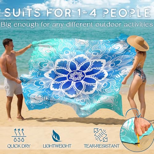Beach Blanket Waterproof Sandproof Large Sand Free,78''X81''/10'X9' Oversized Sandless Lightweight Blanket Picnic Mat for Beach Travel Camping Hiking with Stakes