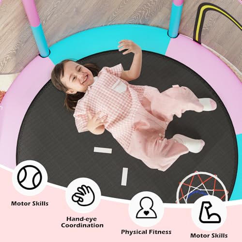 GYMAX Trampoline for Kids, 60” Toddler Rebounder with Basketball Hoop & Dart Board, All-Round Enclosure Net,Mini Indoor Kids Trampoline for Boys & Girls