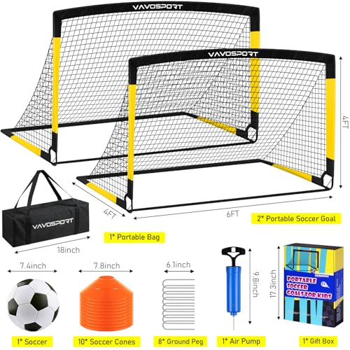 Kids Soccer Goals for Backyard Set, 2 of 4x3 / 6x4 ft Portable Soccer Goal Nets, Pop Up Mini Toddler Soccer Net Training Equipment & Ball, Cones for Ages 3-14, Outdoor Games Gifts for Kids