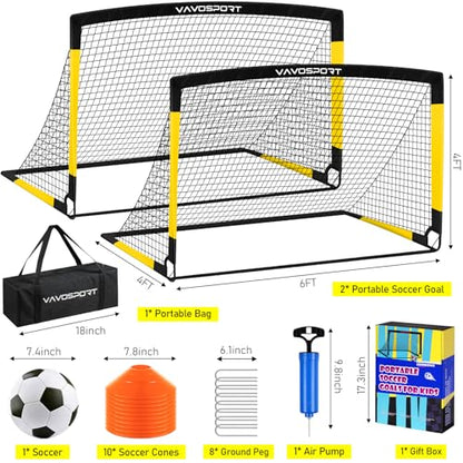 Kids Soccer Goals for Backyard Set, 2 of 4x3 / 6x4 ft Portable Soccer Goal Nets, Pop Up Mini Toddler Soccer Net Training Equipment & Ball, Cones for Ages 3-14, Outdoor Games Gifts for Kids