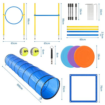Dog Agility Course Backyard Set - Agility Training Equipment for Dogs Starter Kit-Pet Outdoor Games with Tunnel, Weave Poles, Adjustable Hurdle, Jump Ring, Pause Box, Toys and Carrying Bag