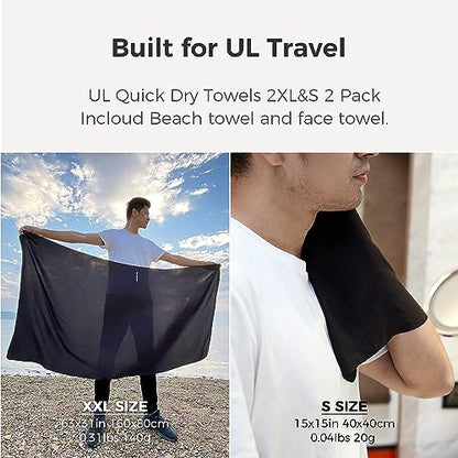 Bee Nesting Ultralight Quick Dry Towel, Extra Large&Small 2 Pack Microfiber Towels with Compact Packable Pocket for Lightweight Backpacking Travel Beach Gym Camping & Swimming Sports(Black 2 Set)