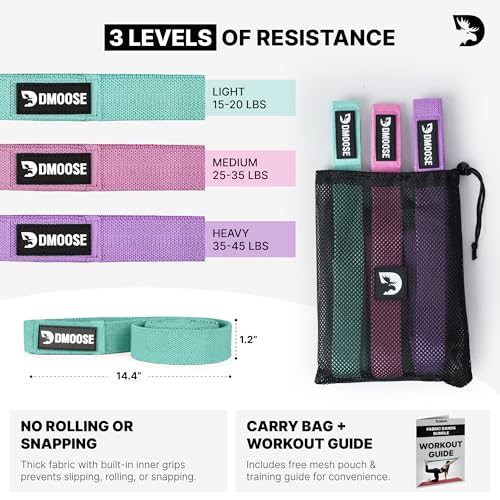 DMoose Fitness Fabric Resistance Bands for Full Body Exercises - Non-Slip Thick Cloth Stretch Band for Squats, Lunges & Bicep Curls - Long Resistance Bands for Working Out - Booty Band for Men & Women
