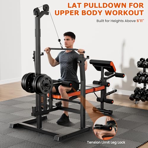 9-in-1 Adjustable Olympic Weight Bench with Lat Pulldown, Row, Squat Rack & Leg Curl – Multi-Function Strength Training Bench Press for Home Gym Full Body Workout