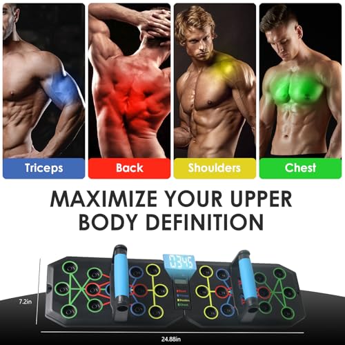 Push Up Board with Resistance Bands, Foldable Push Up Bar with Counter/Timer, Multi-function Push-Up Stand Home Workout Equipment with Handles for Fitness Burn Fat Chest Strength Training