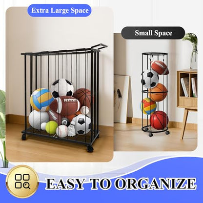 Large Garage Ball Storage Rack with Wheels–Rolling Sports Equipment Organizer Freestanding Ball Holder for Basketball Soccer Volleyball Football–Sports Ball Storage for Garage Gym School Home