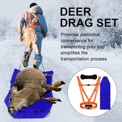 1 Pcs Dual Harness Deer Drag Harness and 1 Pcs Drag Sleds Heavy Duty Deer Dragging Strap with 2 Rope, Hunting Equipment for Hauling Elk Turkeys Game Animals(Tapered End,Blue)