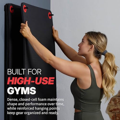SPRI Hanging Exercise Mats for Gyms, Closed-Cell Foam Yoga & Fitness Mats with Grommets, Thick Workout Mats for Studios & Group Fitness Classes, Wall Rack Mat Holder Storage, Black