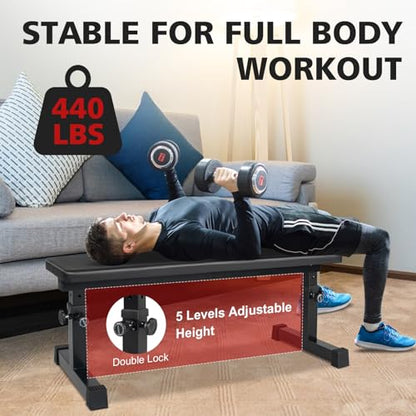 Flat Weight Bench, Utility Workout Adjustable Height Weight Bench Press with Thick Cushion & Anti-slip Foot Pads, Compact Strength Training for Exercise & Fitness, Home/Gym Easy Assembly