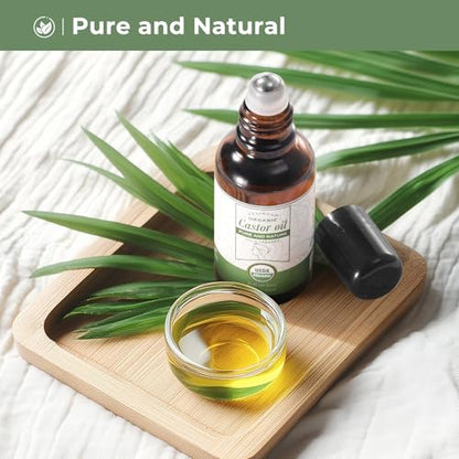 Castor Oil Roll on for Face Eye Hair Scalp Eyebrow, Under Eye Roller, Certified Organic Castor Oil Roller Stick Glass Bottle, Pure Cold Pressed Body Oil - 1fl.oz Small Roller
