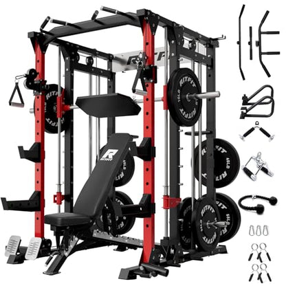 RitFit Buffalo Smith Machine, Power cage with LAT-Pull Down System & Cable Crossover System, All-in-One Squat Rack for Home Gym, Power Rack - color: RED, size: Package(With BP370)