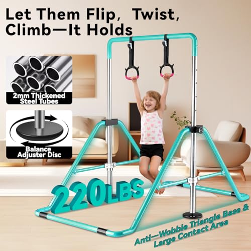 Kids Gymnastics Bar Gymnastic Equipment for Home Adjustable Height Gymnastic Training Bar Gymnastic Stuff for 3-7 Years Old Girls - color: Green with ring