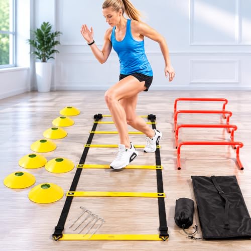 Agility Ladder Speed Training Kit, Soccer Training Equipment Set, PP Rung Agility Ladder Synthetic Disc Cones with Storage Bag
