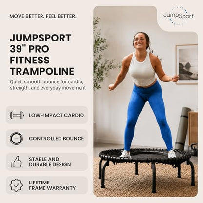 JumpSport 350 PRO 39 Inch Fitness Trampoline Indoor Rebounder Cardio Workout Equipment 300 lb Capacity - color: Matte Black