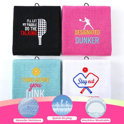 4 Pcs Pickleball Towels, Microfiber Embroidered Waffle Athletic Towel 16" x 24" with Clip Pickleball Fan Accessories for Women Men Ball Gifts Gym Towels