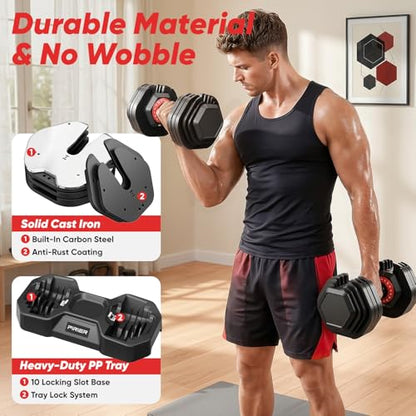 PIRIER Adjustable Dumbbell Set 50LB, 18-in-1 Free Weight Adjustable Dumbbells, One-Hand Twist Adjust, Space-Saving Design, Home Gym Strength Training Equipment for Men & Women