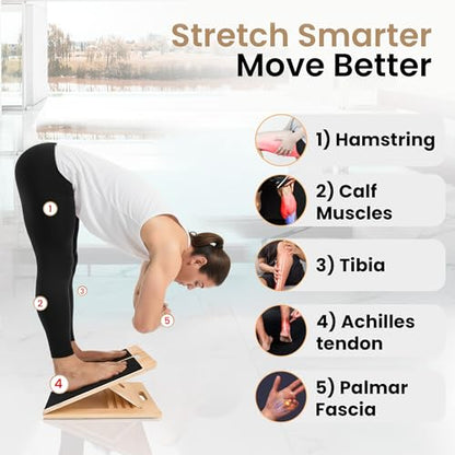Portable Wooden Slant Board for Calf Stretching, 300Lbs Slant Board for Calf Stretching with Loop Band & 2 Sand Papers, Adjustable Wooden Incline Board, Squats Calf Stretcher for Knees Heel Feet Leg
