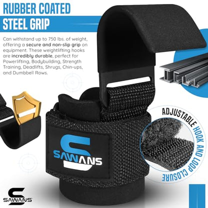 SAWANS Weight Lifting Hooks Heavy Duty Weight Lifting Straps Hand Grip Support Pull ups Deadlift Straps Padded Workout Gym Gloves Powerlifting Fitness Strength Training for Men and Women (Black)