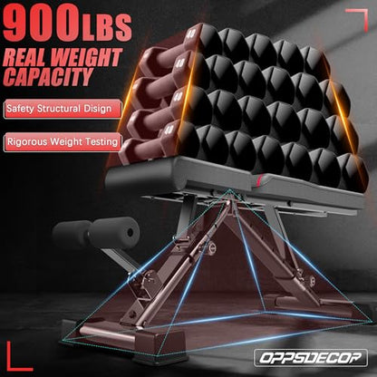 OPPSDECOR Adjustable Weight Bench, 900LBS Capacity, 8+4+2 Positions, 18.5" Seat Height, Easy Assembly Foldable Workout Bench for Home Gym Strength Training, Incline Decline Flat Bench Press (US STOCK)