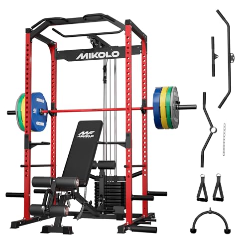Mikolo F4 2.0 Power Cage with Dual-Track Smooth Pulley System, 1200LBS Power Rack with Leg Hold-Down for Heavy LAT Pulldowns - color: Red, size: F4 2.0 Elite (with Bench＆Bar＆230LB CP）