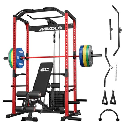Mikolo F4 2.0 Power Cage with Dual-Track Smooth Pulley System, 1200LBS Power Rack with Leg Hold-Down for Heavy LAT Pulldowns - color: Red, size: F4 2.0 Elite (with Bench＆Bar＆230LB CP）