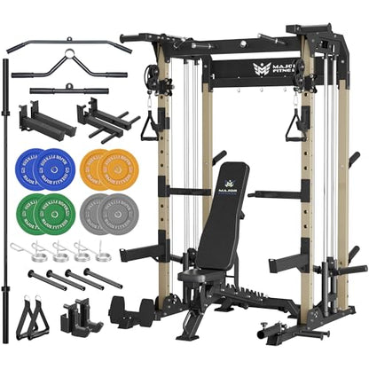 MAJOR FITNESS F22 Power Rack, 1600lbs All-in-One Squat Rack with Dual Pulley System, Heavy-Duty Steel Frame, Attachments & Storage for Home Gym Strength Training - color: Khaki, style: F22 (with Bench Elite BK & 230LB & 7ft Bar)