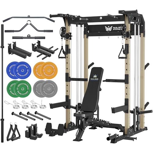 MAJOR FITNESS F22 Power Rack, 1600lbs All-in-One Squat Rack with Dual Pulley System, Heavy-Duty Steel Frame, Attachments & Storage for Home Gym Strength Training - color: Khaki, style: F22 (with Bench Elite BK & 230LB & 7ft Bar)