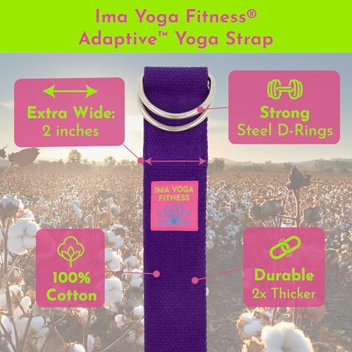 Adaptive Yoga Strap, Stretching Strap, 2 Inches Wide, 100% Naturally Soft Cotton, Steel D-Rings, Includes Natural Cotton Drawstring Storage Pouch and Instructional E-Book