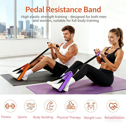 Upgraded 55LBS Exercise Resistance Bands for Fat Burning & Toning, Adjustable Full-Body Workout Tension Rope, Portable Home Gym Equipment for Abs, Legs & Arms, Purple