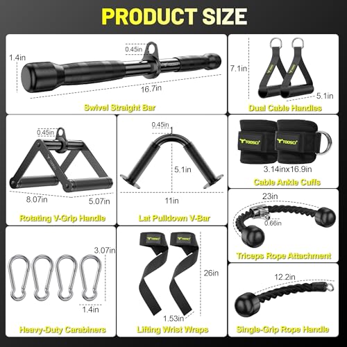 Cable Attachments for Gym, LAT Pulldown & Cable Machine Attachment Set: V-Shaped Bar, Rotating Straight Bar, V Rotation Handle, Nylon Tricep Rope, Ankle Straps & Handles, Home Gym