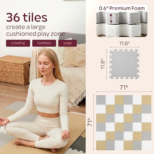 Foam Play Mat for Floor - 36 Interlocking Tiles 71x71 in, 0.6" Thick Puzzle Mat for Baby, Toddler & Home Gym, Cross-Texture EVA Foam, Edge Borders Included, White Tan Gray